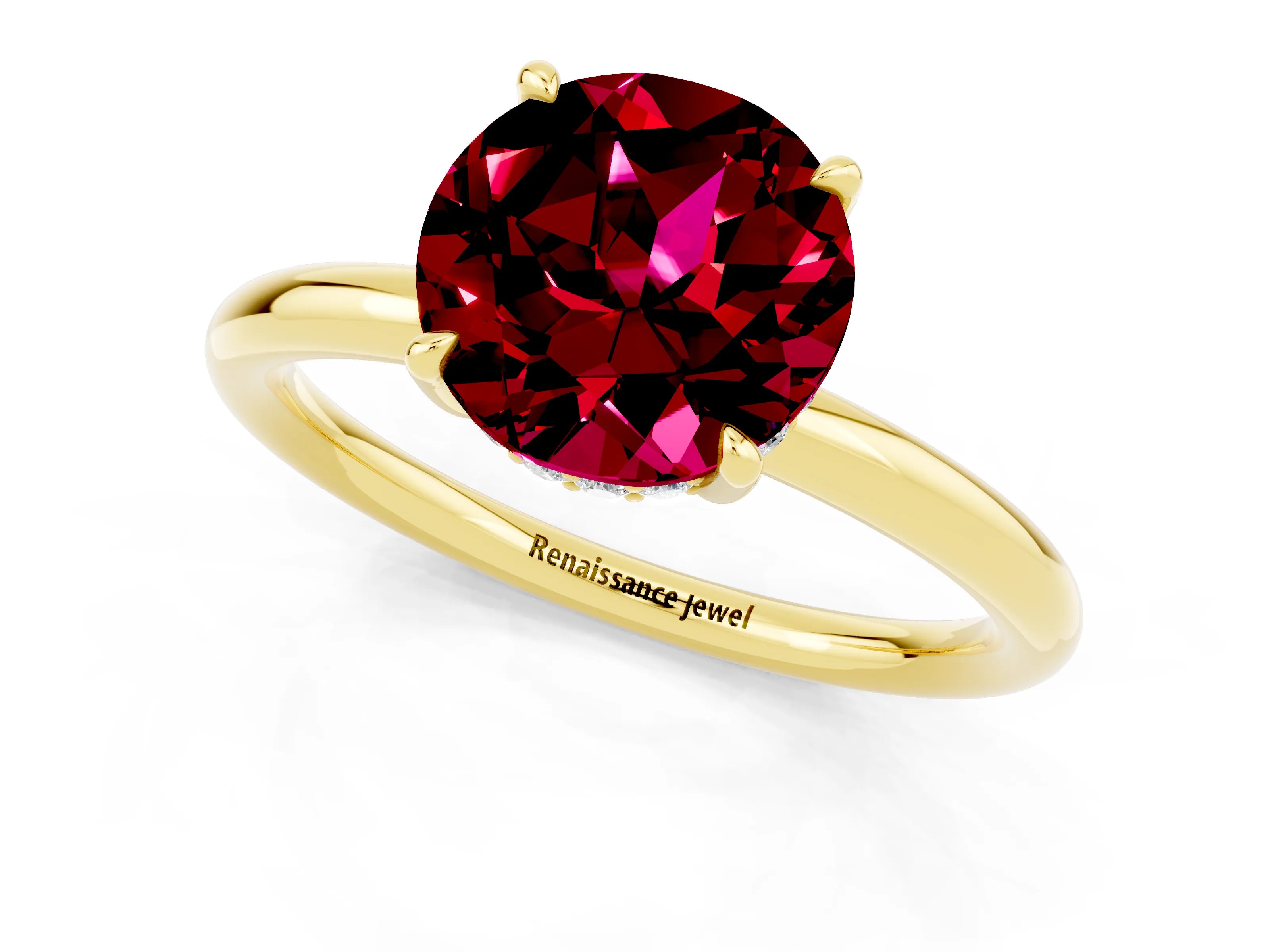 Yellow gold Round Cut Garnet Solitaire Ring with Thin Band and Four-Prong Setting_13