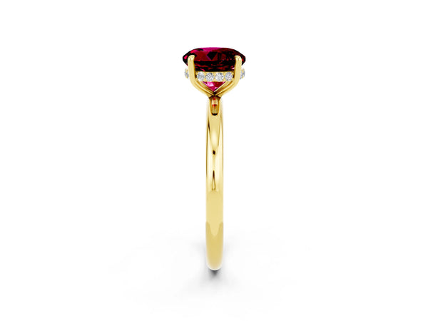 Yellow gold Round Cut Garnet Solitaire Ring with Thin Band and Four-Prong Setting