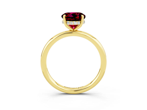 Yellow gold Round Cut Garnet Solitaire Ring with Thin Band and Four-Prong Setting