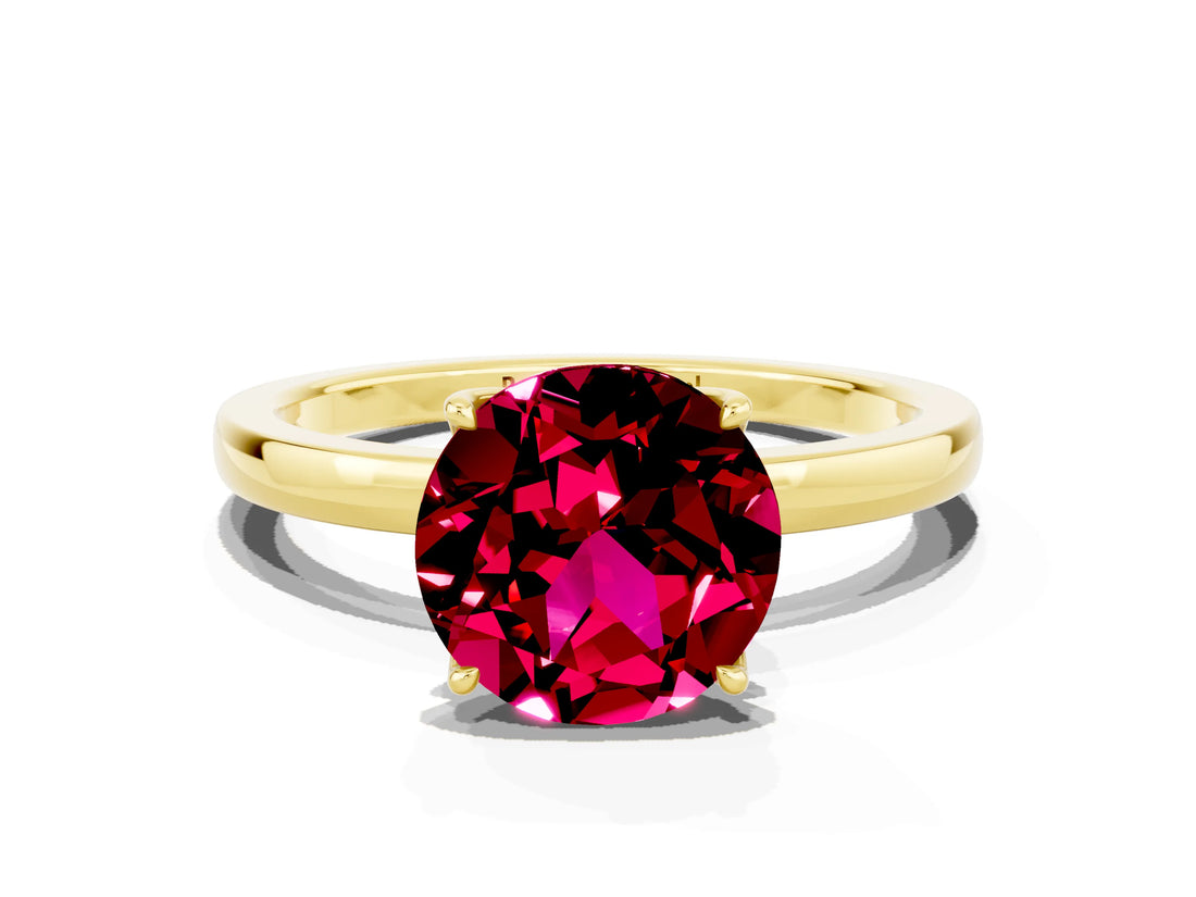 Yellow gold Round Cut Garnet Solitaire Ring with Thin Band and Prong Setting_12