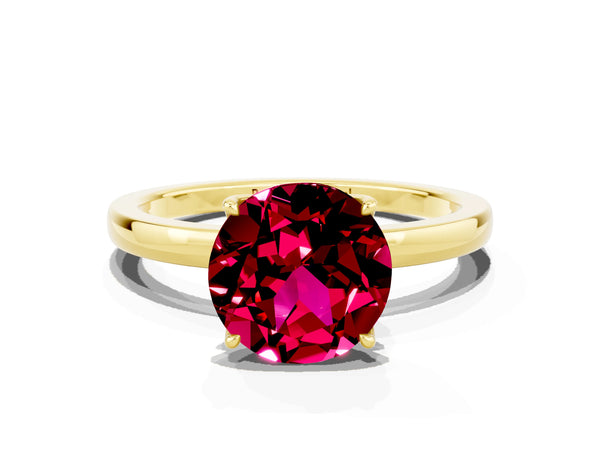 Yellow gold Round Cut Garnet Solitaire Ring with Thin Band and Prong Setting