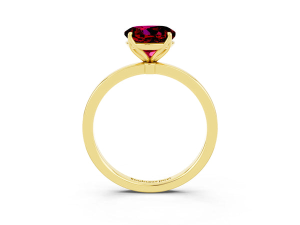 Yellow gold Round Cut Garnet Solitaire Ring with Thin Band and Prong Setting