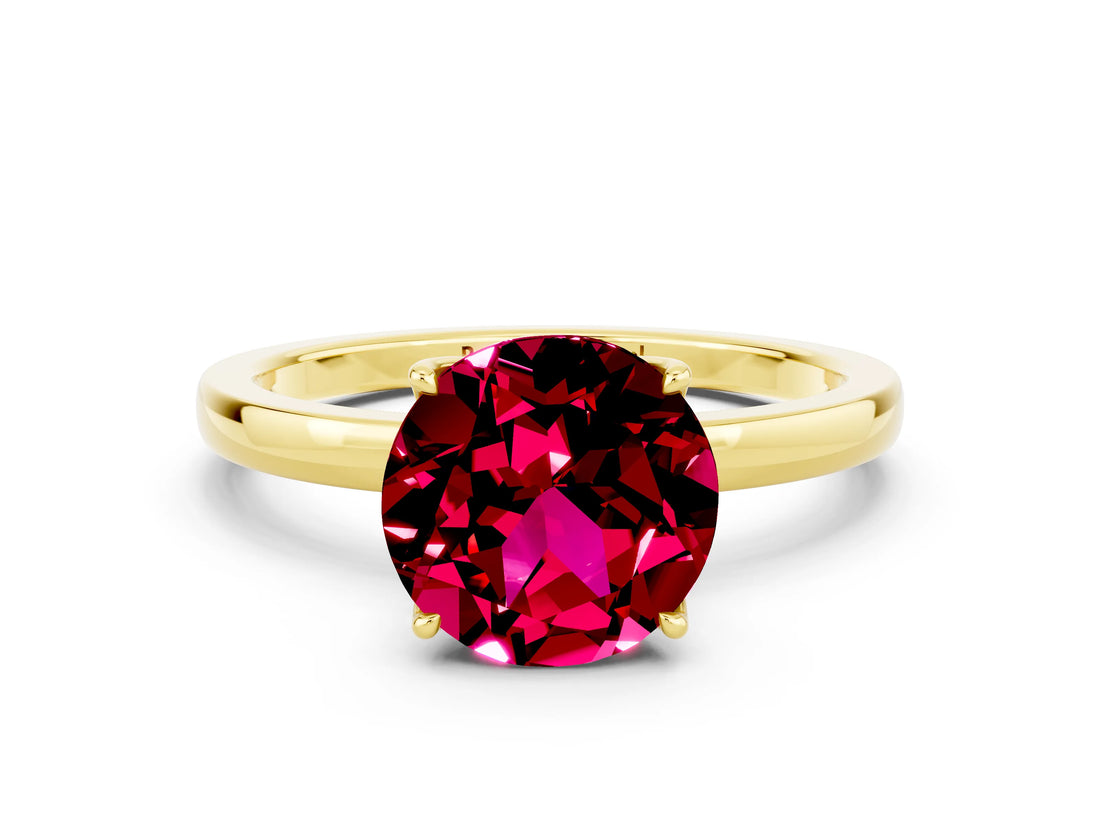Yellow gold Round Cut Garnet Solitaire Ring with Thin Band and Prong Setting_24