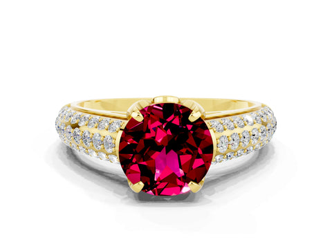 Yellow gold Round Cut Garnet Solitaire Ring with Three-Row Pavé Band and Four-Prong Setting_12