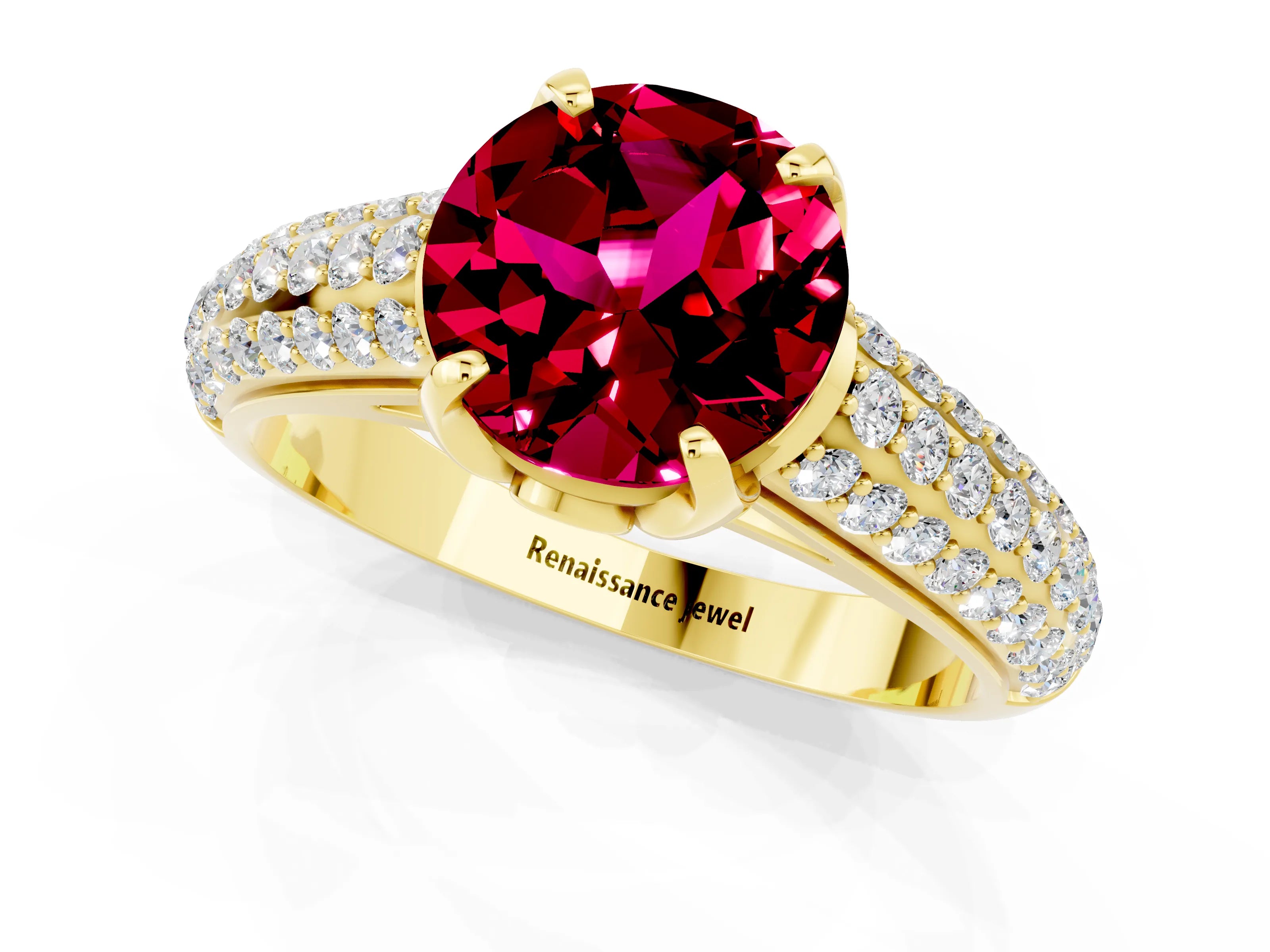Yellow gold Round Cut Garnet Solitaire Ring with Three-Row Pavé Band and Four-Prong Setting_13