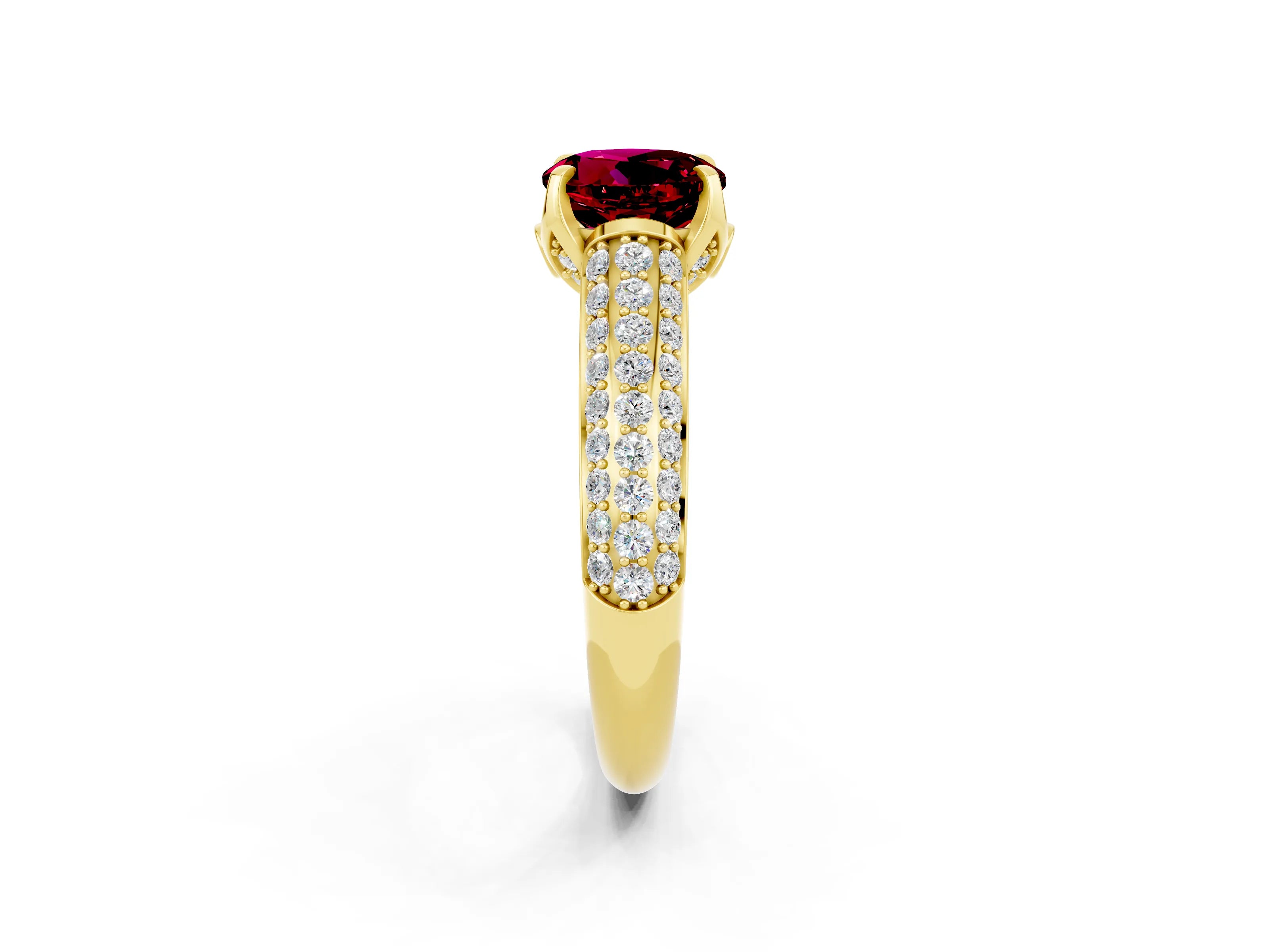 Yellow gold Round Cut Garnet Solitaire Ring with Three-Row Pavé Band and Four-Prong Setting_14