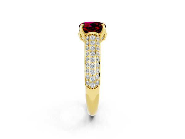 Yellow gold Round Cut Garnet Solitaire Ring with Three-Row Pavé Band and Four-Prong Setting