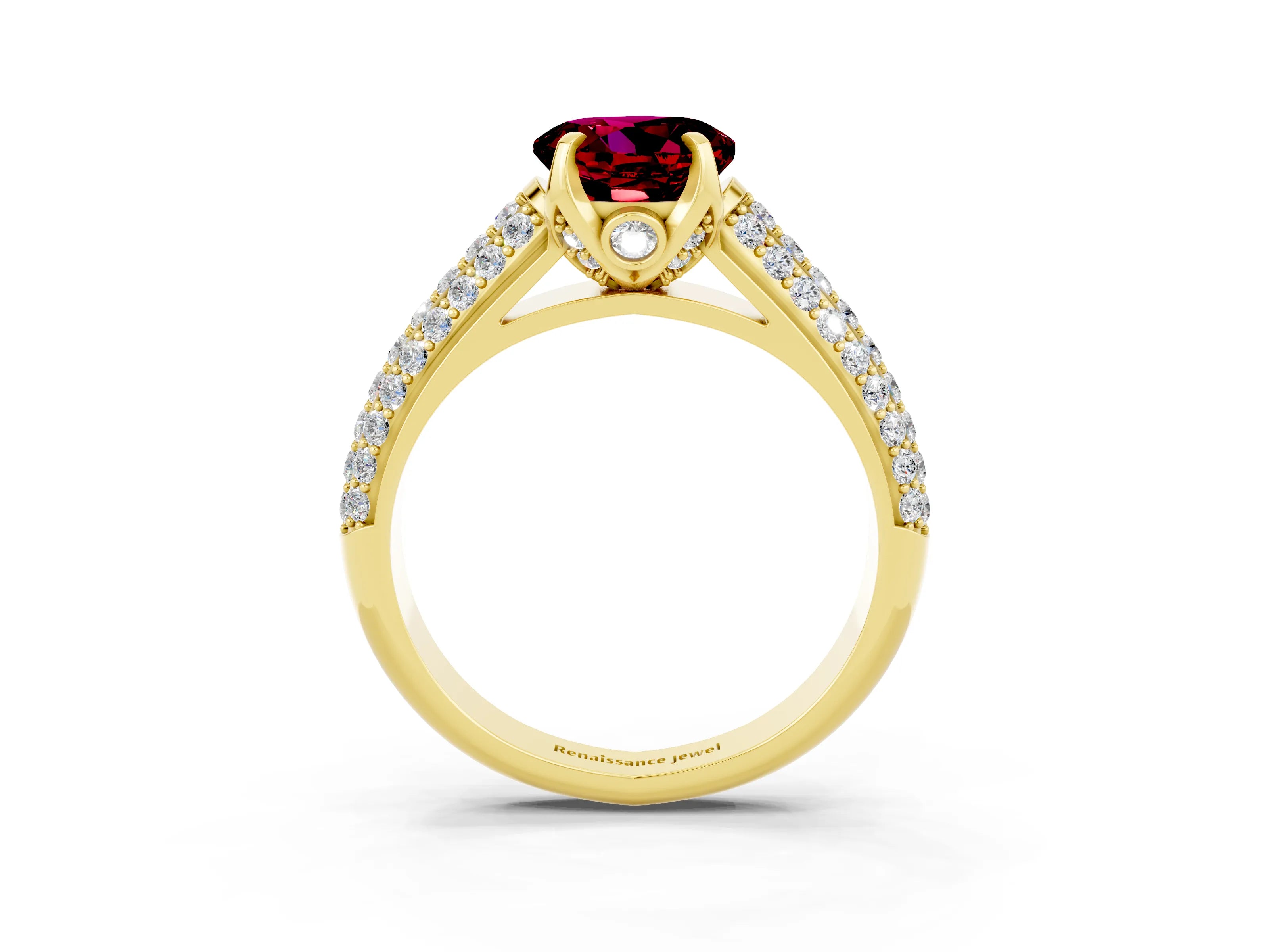 Yellow gold Round Cut Garnet Solitaire Ring with Three-Row Pavé Band and Four-Prong Setting_15