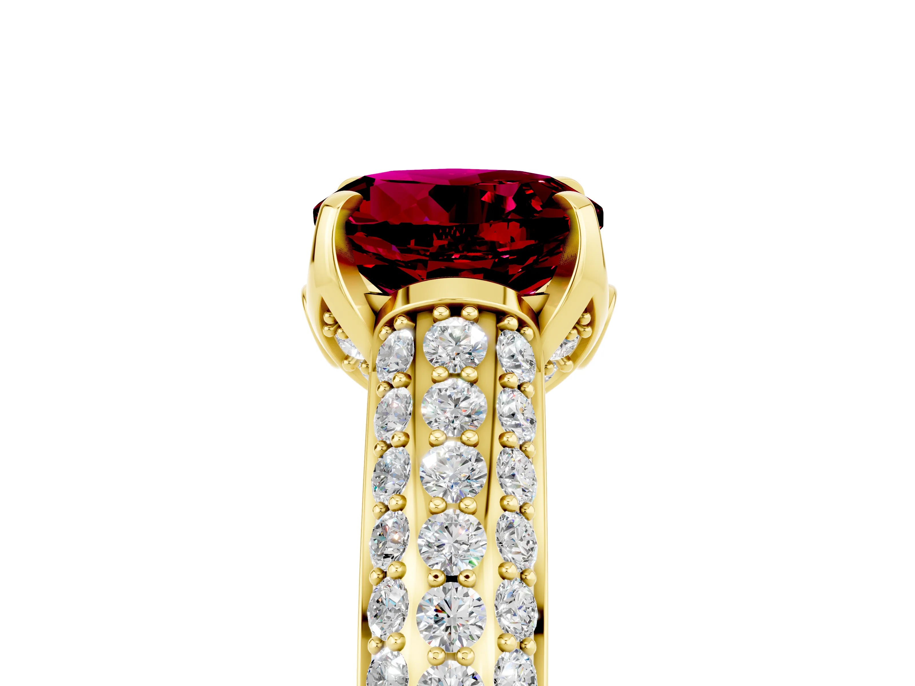 Yellow gold Round Cut Garnet Solitaire Ring with Three-Row Pavé Band and Four-Prong Setting_17
