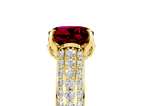 Yellow gold Round Cut Garnet Solitaire Ring with Three-Row Pavé Band and Four-Prong Setting_17