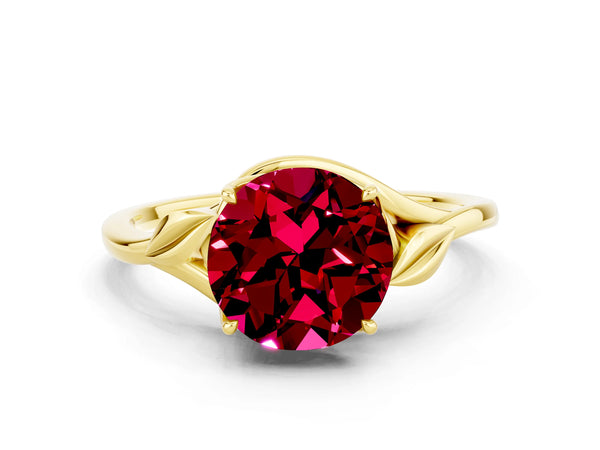 Yellow gold Round Cut Garnet Solitaire Ring with Twist Band and Four-Prong Setting