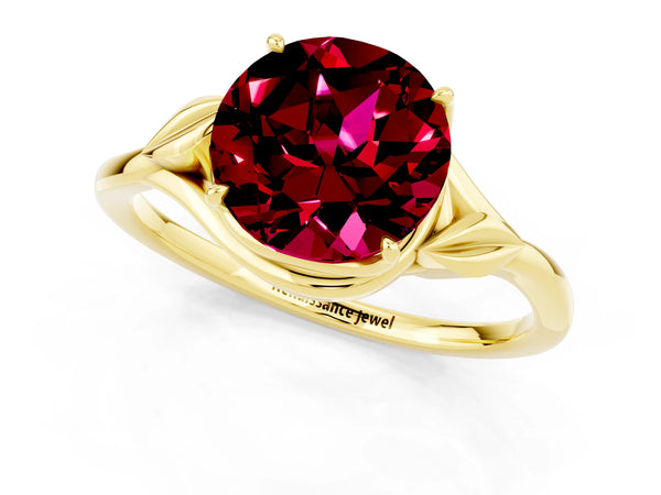 Yellow gold Round Cut Garnet Solitaire Ring with Twist Band and Four-Prong Setting