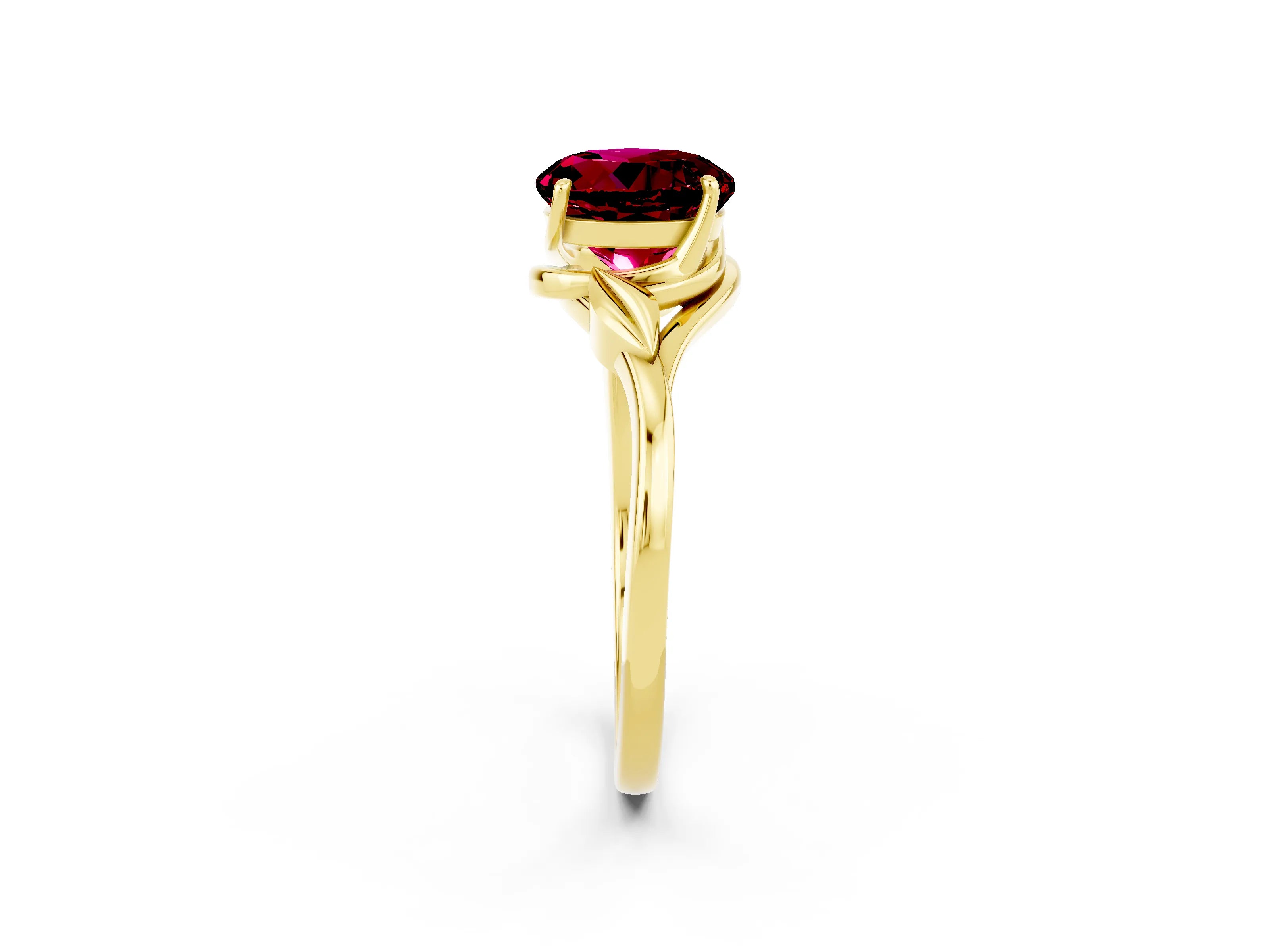 Yellow gold Round Cut Garnet Solitaire Ring with Twist Band and Four-Prong Setting_26