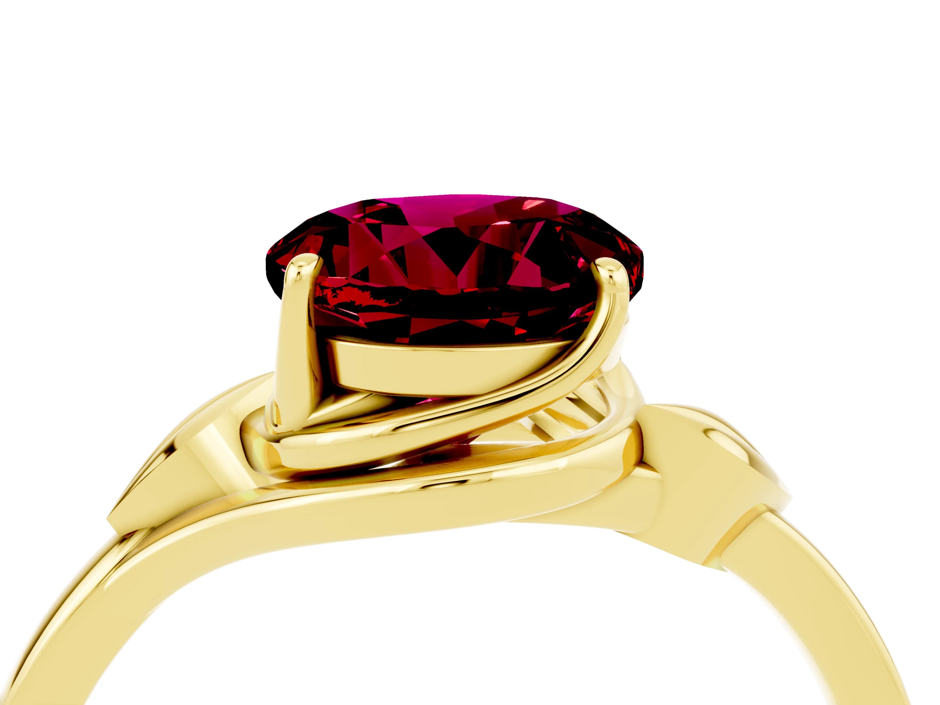 Yellow gold Round Cut Garnet Solitaire Ring with Twist Band and Four-Prong Setting_28