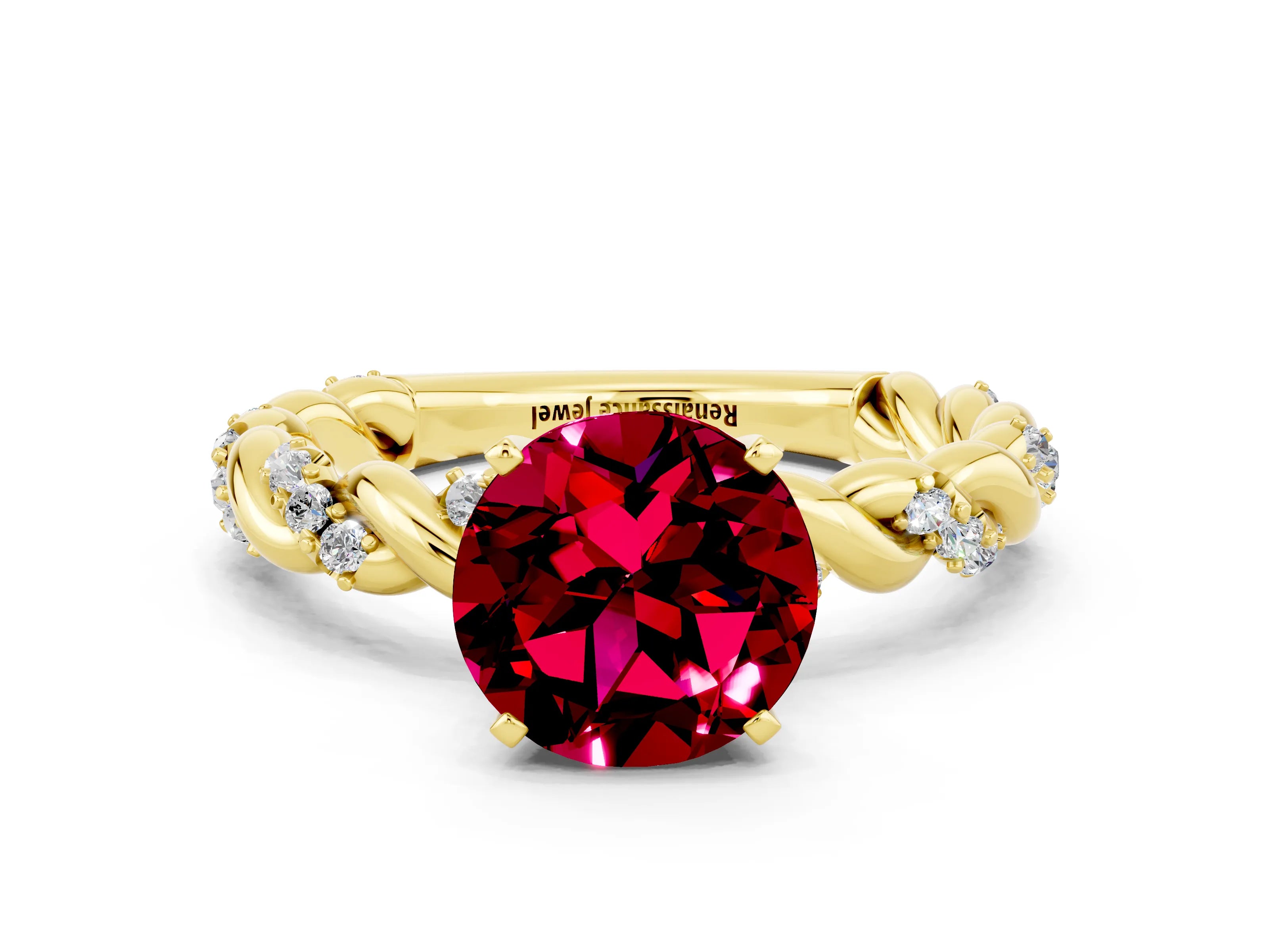 Yellow gold Round Cut Garnet Solitaire Ring with Twisted Band and Pavé Accents
