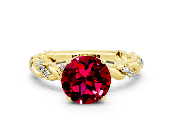 Yellow gold Round Cut Garnet Solitaire Ring with Twisted Band and Pavé Accents