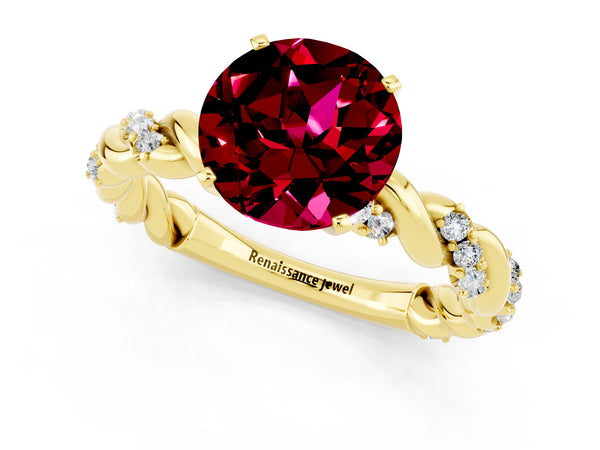 Yellow gold Round Cut Garnet Solitaire Ring with Twisted Band and Pavé Accents