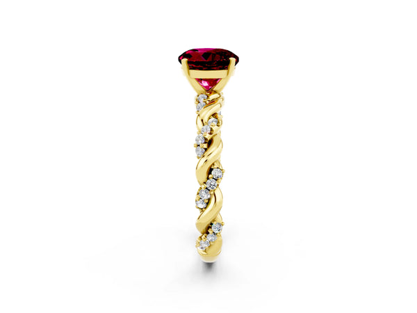 Yellow gold Round Cut Garnet Solitaire Ring with Twisted Band and Pavé Accents