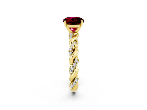 Yellow gold Round Cut Garnet Solitaire Ring with Twisted Band and Pavé Accents_2
