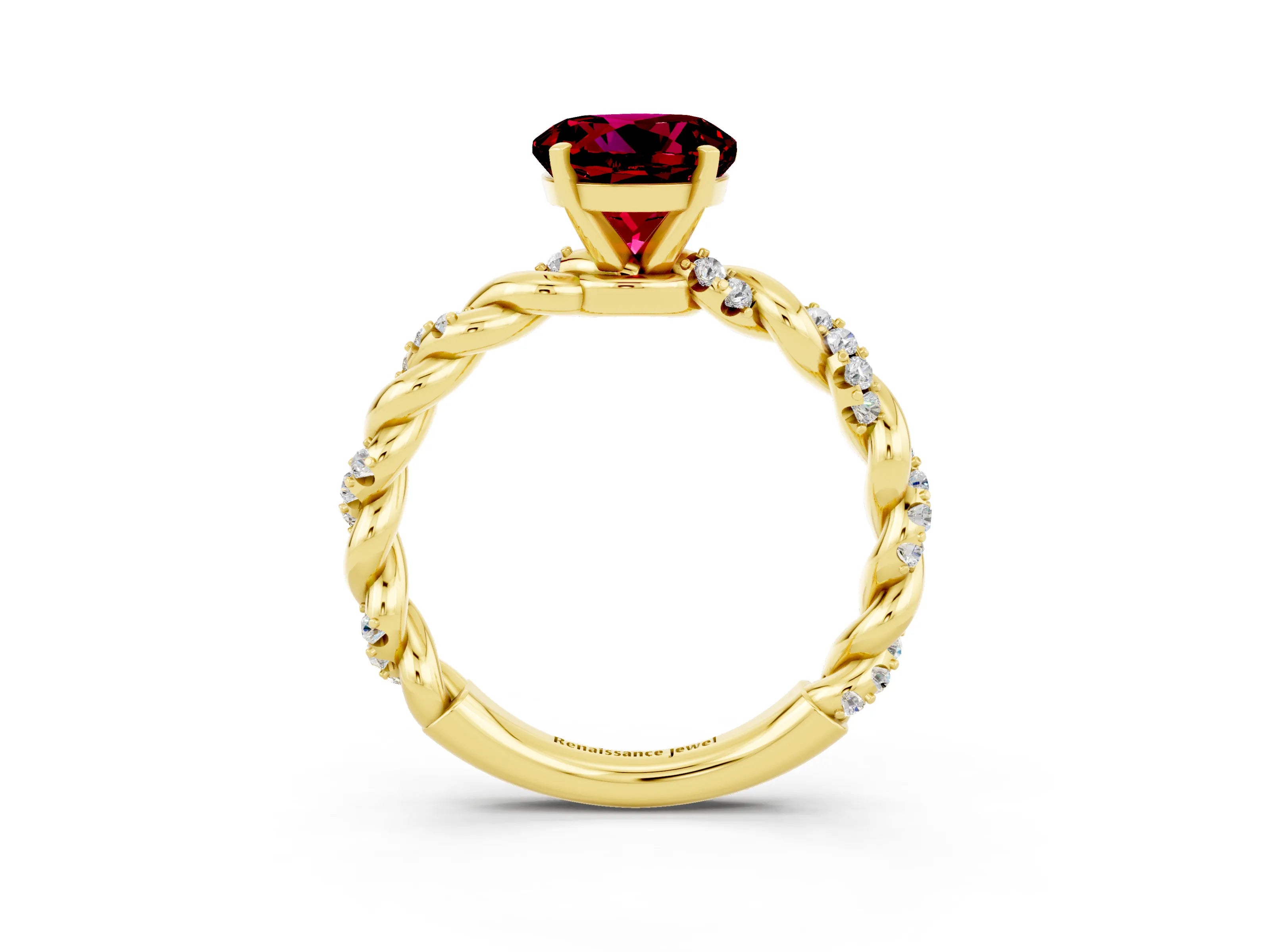 Yellow gold Round Cut Garnet Solitaire Ring with Twisted Band and Pavé Accents_3