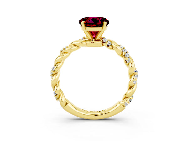Yellow gold Round Cut Garnet Solitaire Ring with Twisted Band and Pavé Accents