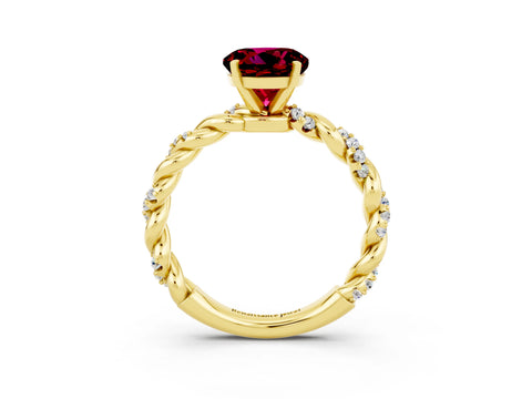 Yellow gold Round Cut Garnet Solitaire Ring with Twisted Band and Pavé Accents_3