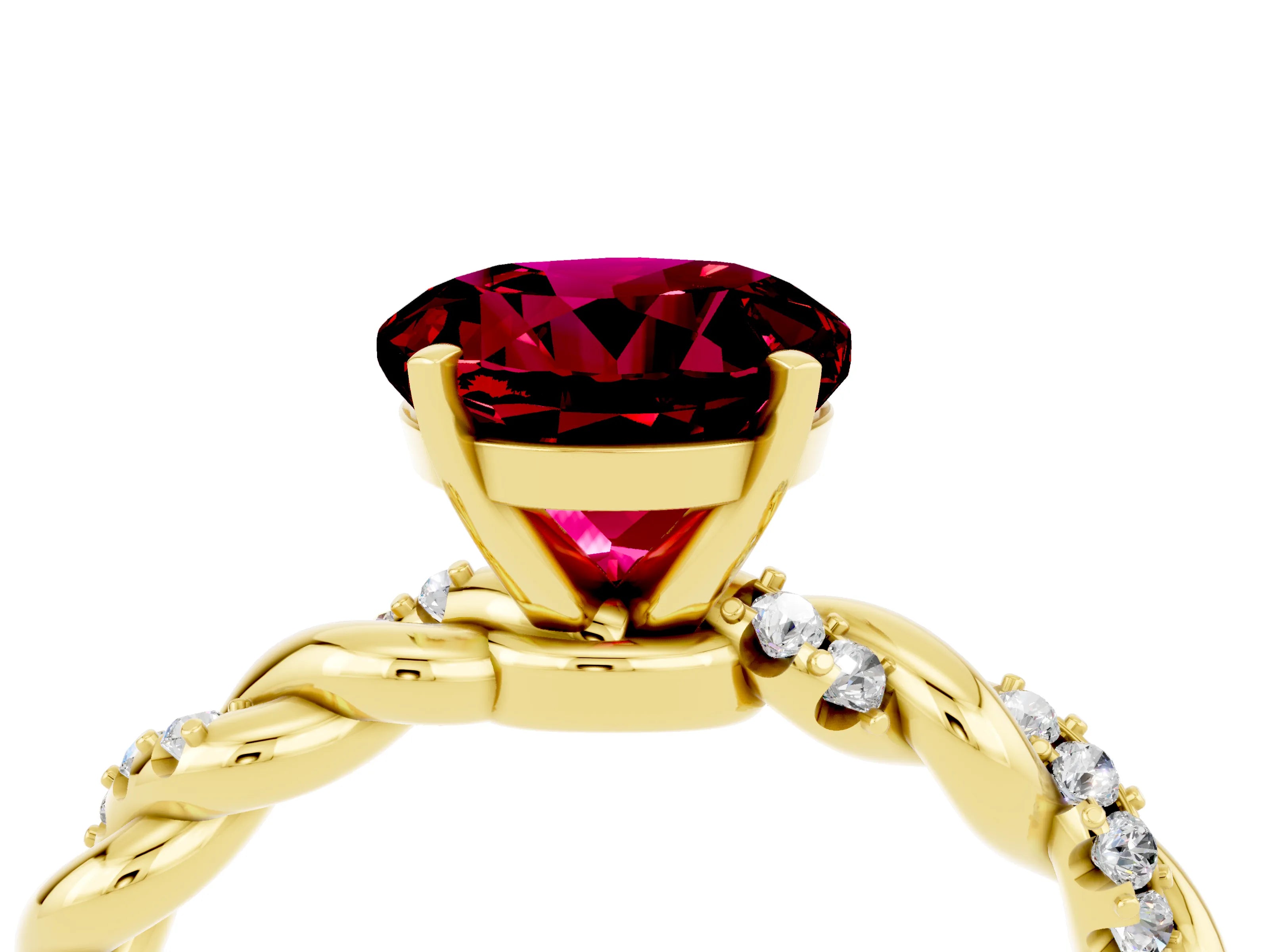 Yellow gold Round Cut Garnet Solitaire Ring with Twisted Band and Pavé Accents_4