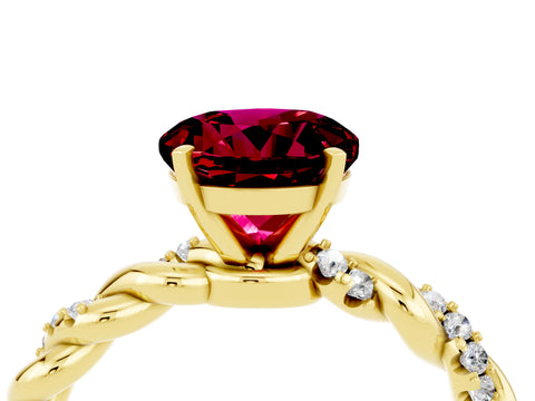 Yellow gold Round Cut Garnet Solitaire Ring with Twisted Band and Pavé Accents_4