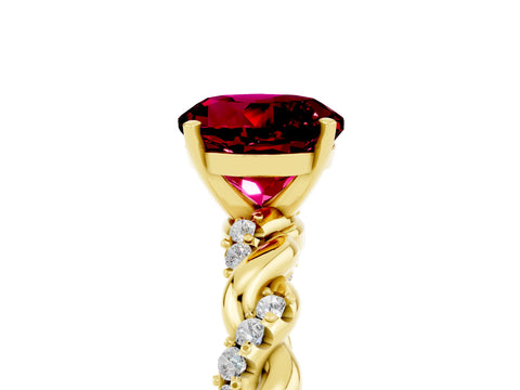 Yellow gold Round Cut Garnet Solitaire Ring with Twisted Band and Pavé Accents_5