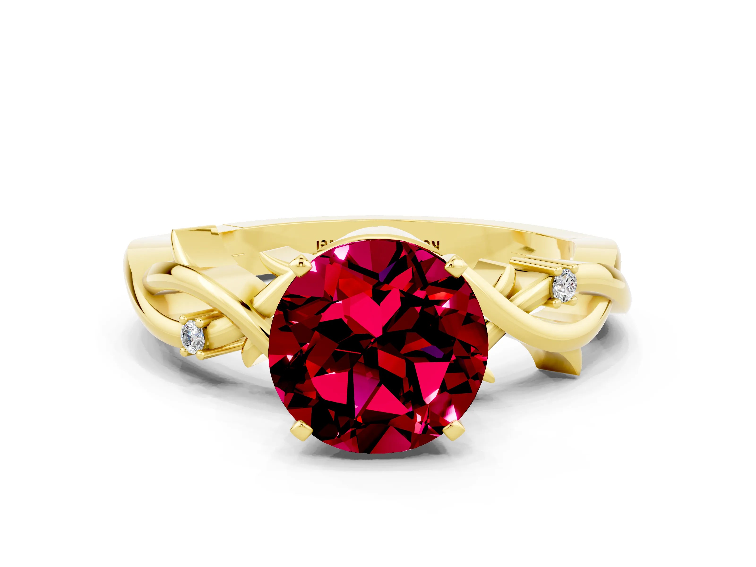 Yellow gold Round Cut Garnet Solitaire Ring with Twisted Band and Prong Setting
