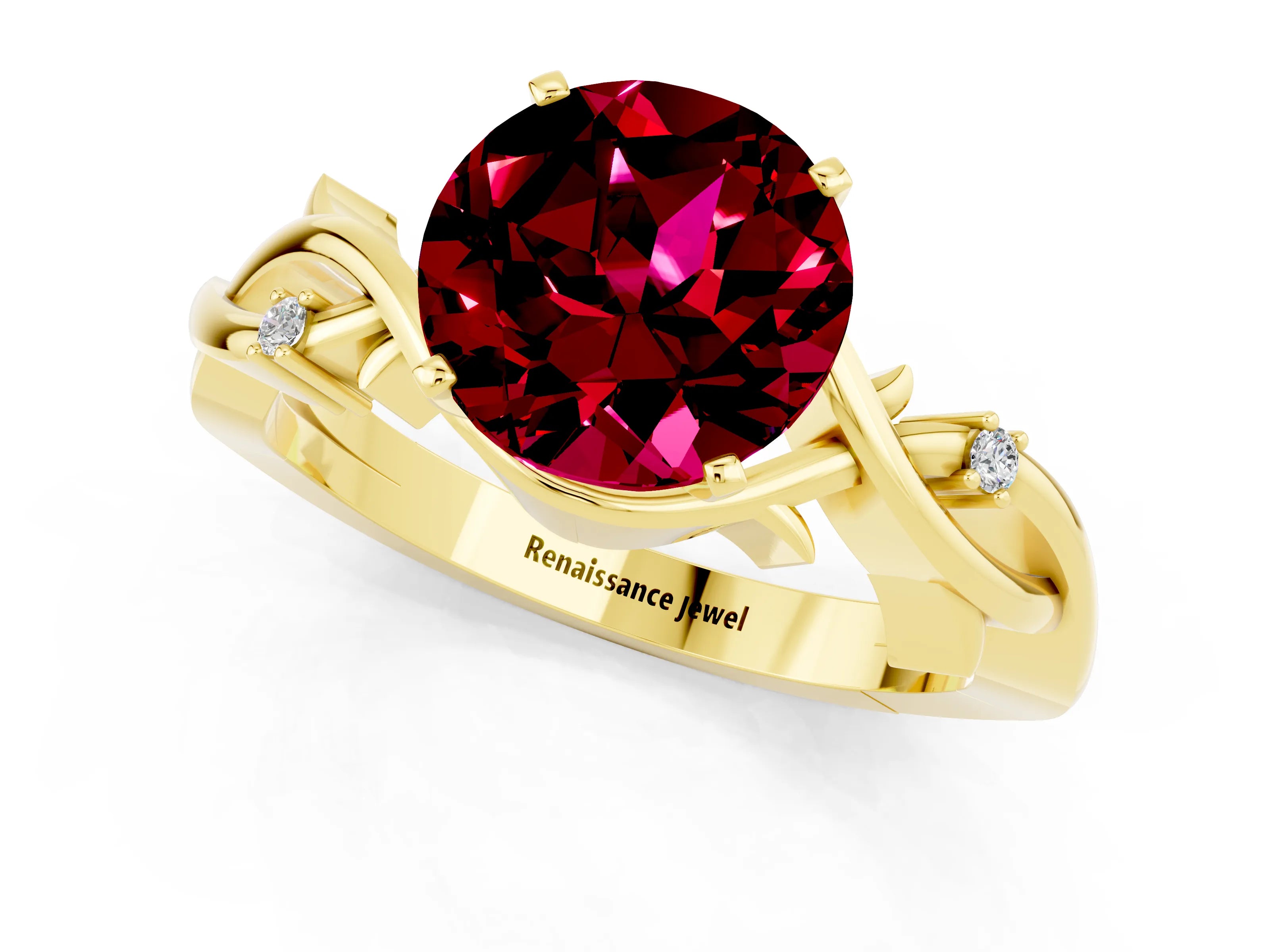 Yellow gold Round Cut Garnet Solitaire Ring with Twisted Band and Prong Setting_1