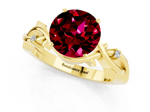 Yellow gold Round Cut Garnet Solitaire Ring with Twisted Band and Prong Setting_1