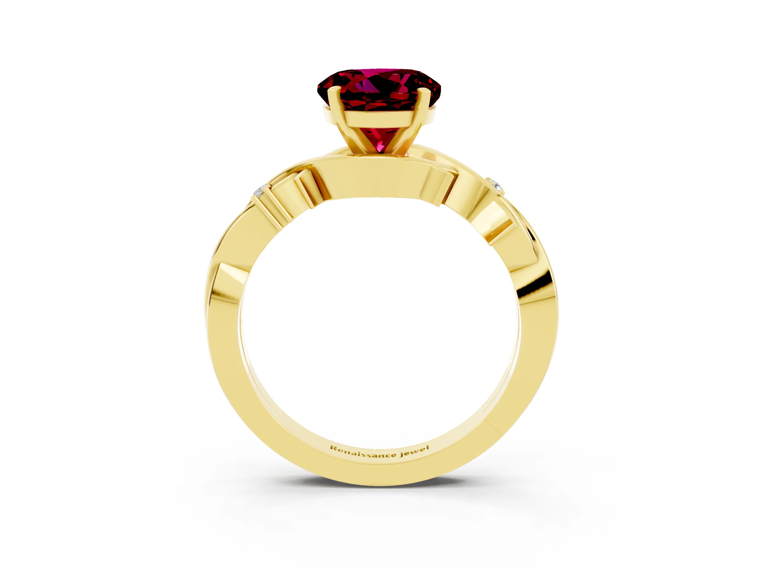 Yellow gold Round Cut Garnet Solitaire Ring with Twisted Band and Prong Setting_3