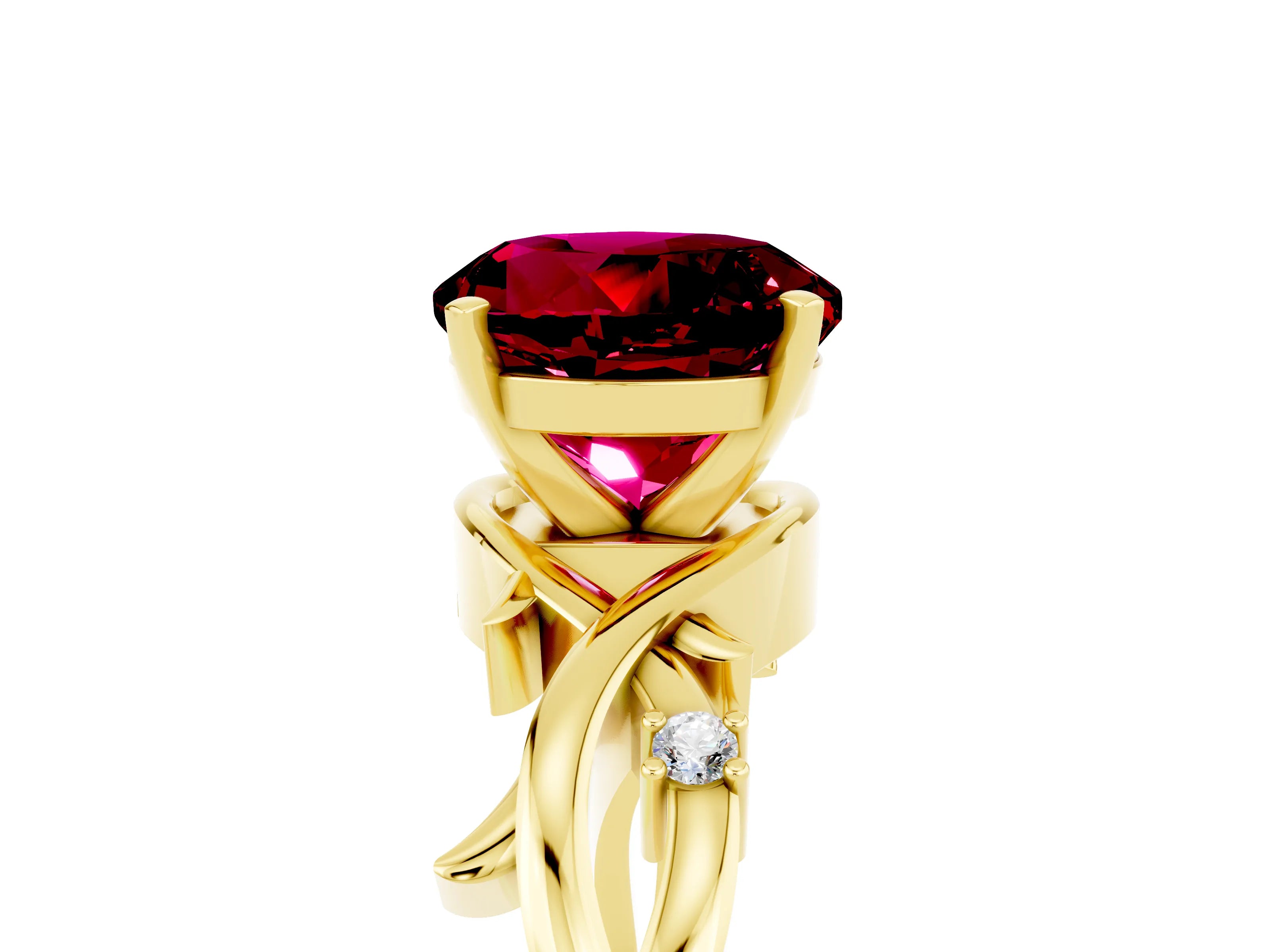 Yellow gold Round Cut Garnet Solitaire Ring with Twisted Band and Prong Setting_5