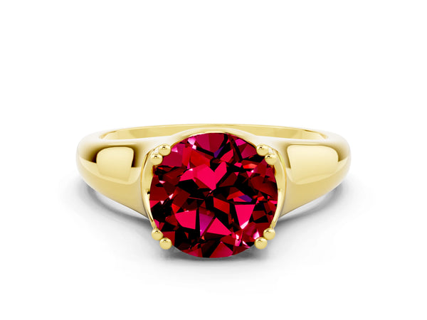 Yellow gold Round Cut Garnet Solitaire Ring with Wide Band and Prong Setting