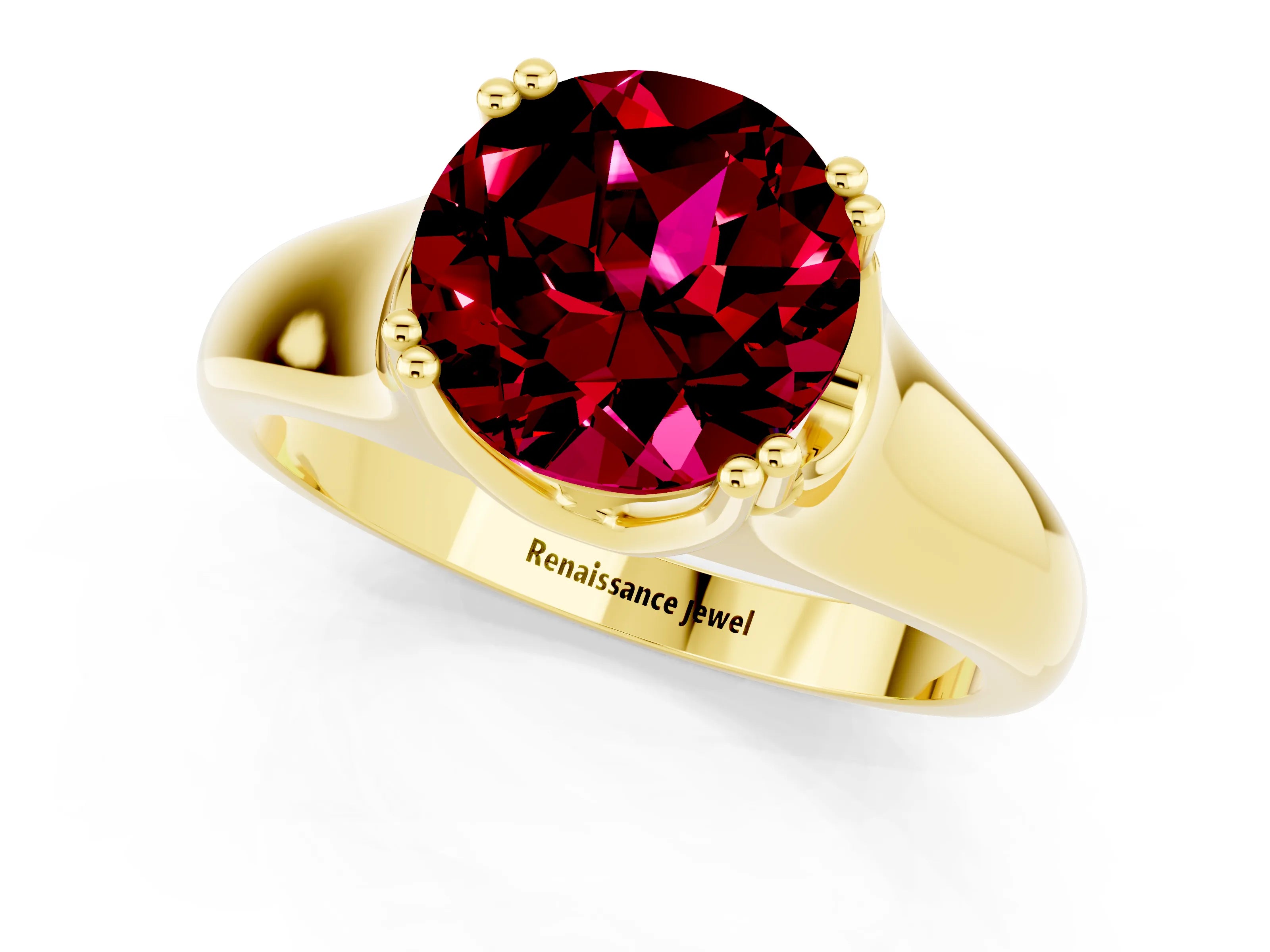Yellow gold Round Cut Garnet Solitaire Ring with Wide Band and Prong Setting_1