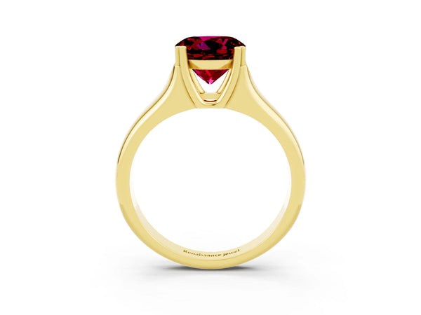 Yellow gold Round Cut Garnet Solitaire Ring with Wide Band and Prong Setting