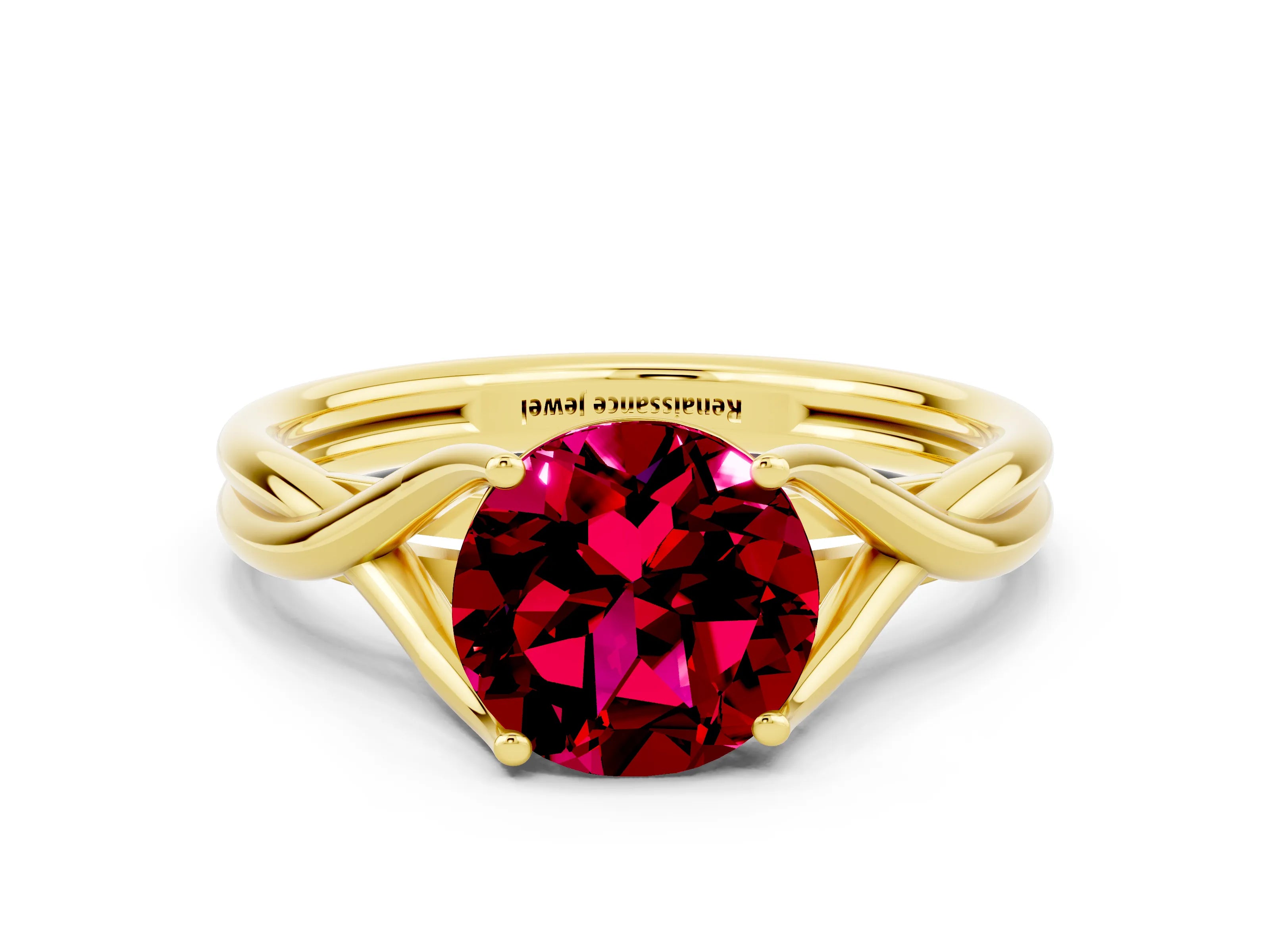 Yellow gold Round Cut Garnet Solitaire Twist Band Prong Setting Ring_36