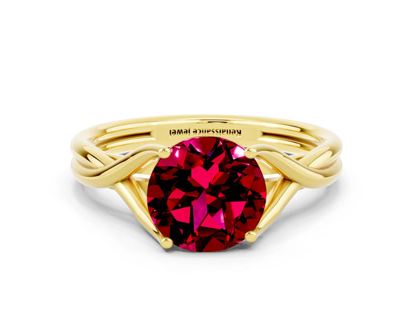 Yellow gold Round Cut Garnet Solitaire Twist Band Prong Setting Ring