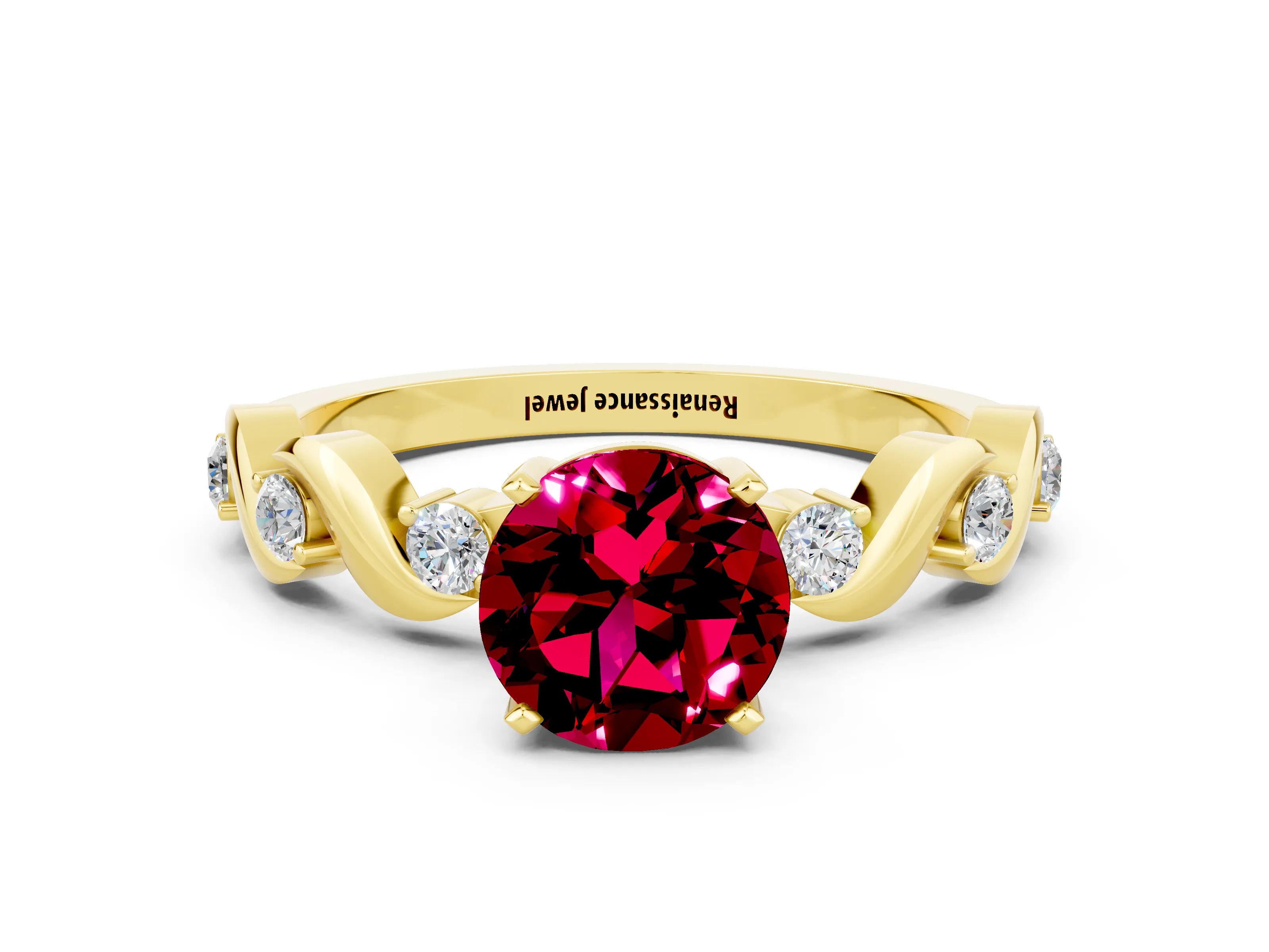 Yellow gold Round Cut Garnet Solitaire Twisted Band with Round  Accents and Prong Setting_12