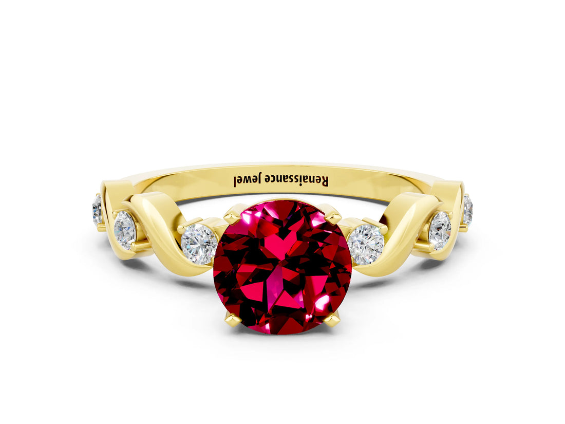 Yellow gold Round Cut Garnet Solitaire Twisted Band with Round  Accents and Prong Setting_12