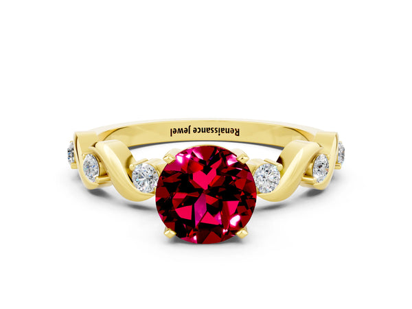 Yellow gold Round Cut Garnet Solitaire Twisted Band with Round  Accents and Prong Setting