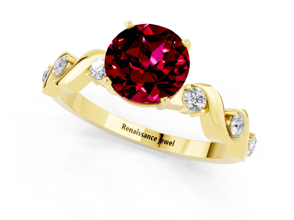 Yellow gold Round Cut Garnet Solitaire Twisted Band with Round  Accents and Prong Setting