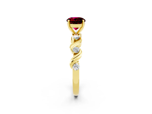 Yellow gold Round Cut Garnet Solitaire Twisted Band with Round  Accents and Prong Setting
