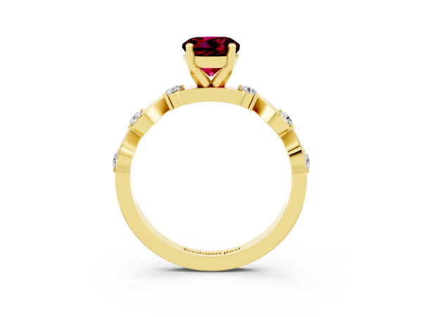 Yellow gold Round Cut Garnet Solitaire Twisted Band with Round  Accents and Prong Setting