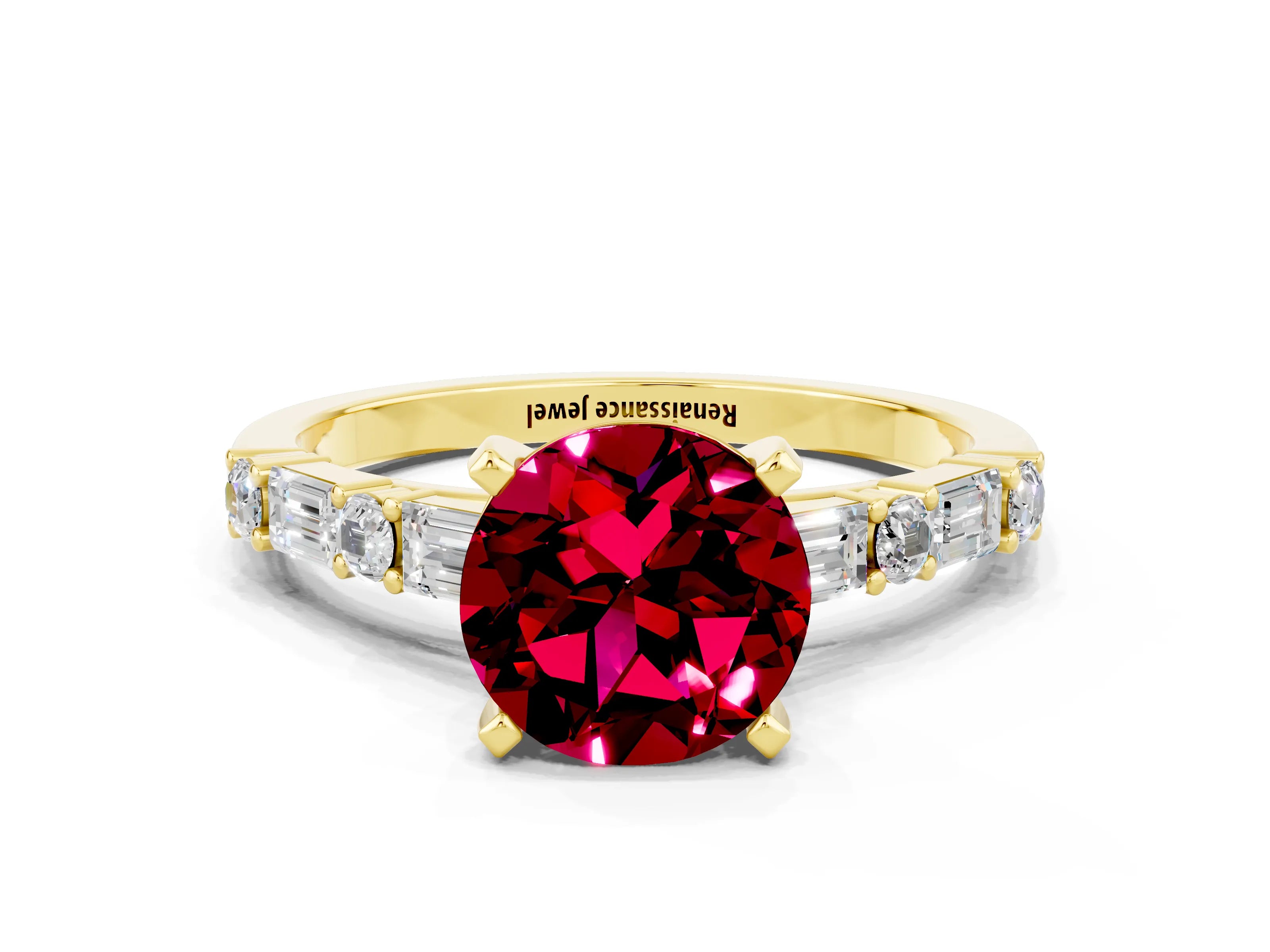 Yellow gold Round Cut Garnet Solitaire with Side Baguettes and Channel Set Band