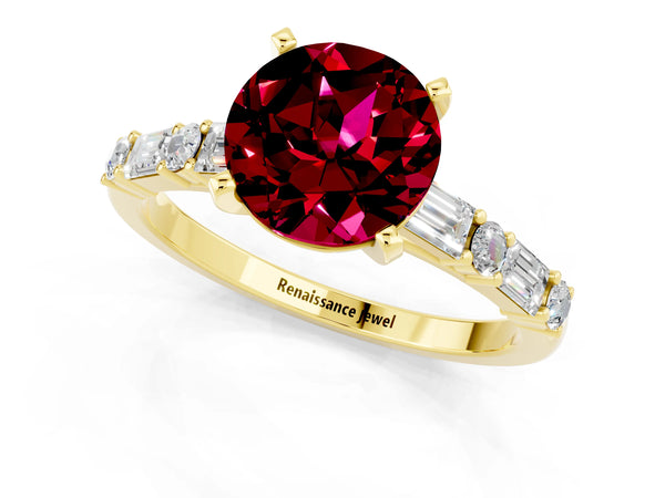Yellow gold Round Cut Garnet Solitaire with Side Baguettes and Channel Set Band