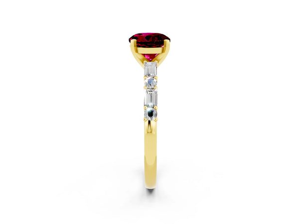 Yellow gold Round Cut Garnet Solitaire with Side Baguettes and Channel Set Band