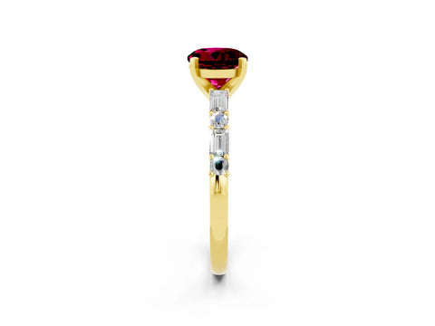 Yellow gold Round Cut Garnet Solitaire with Side Baguettes and Channel Set Band_2