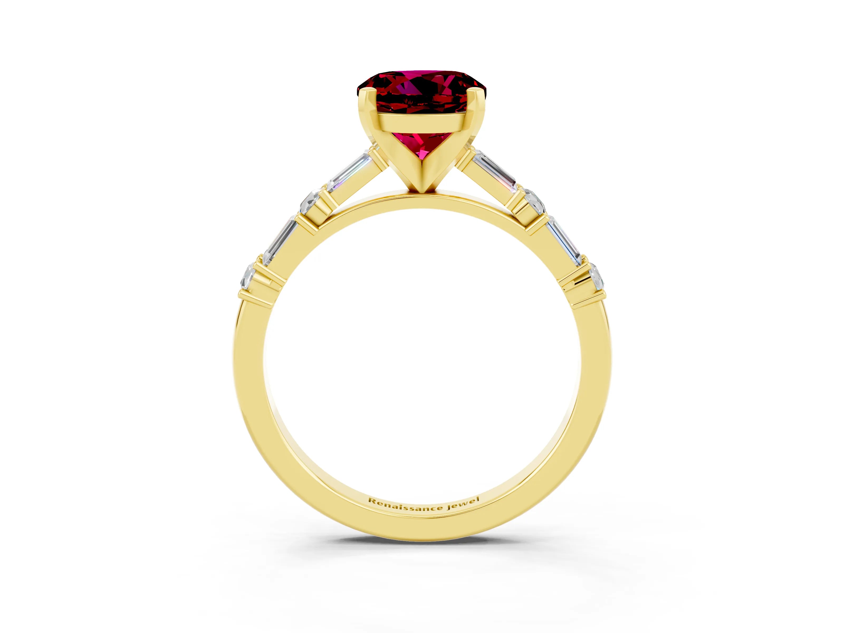 Yellow gold Round Cut Garnet Solitaire with Side Baguettes and Channel Set Band_3